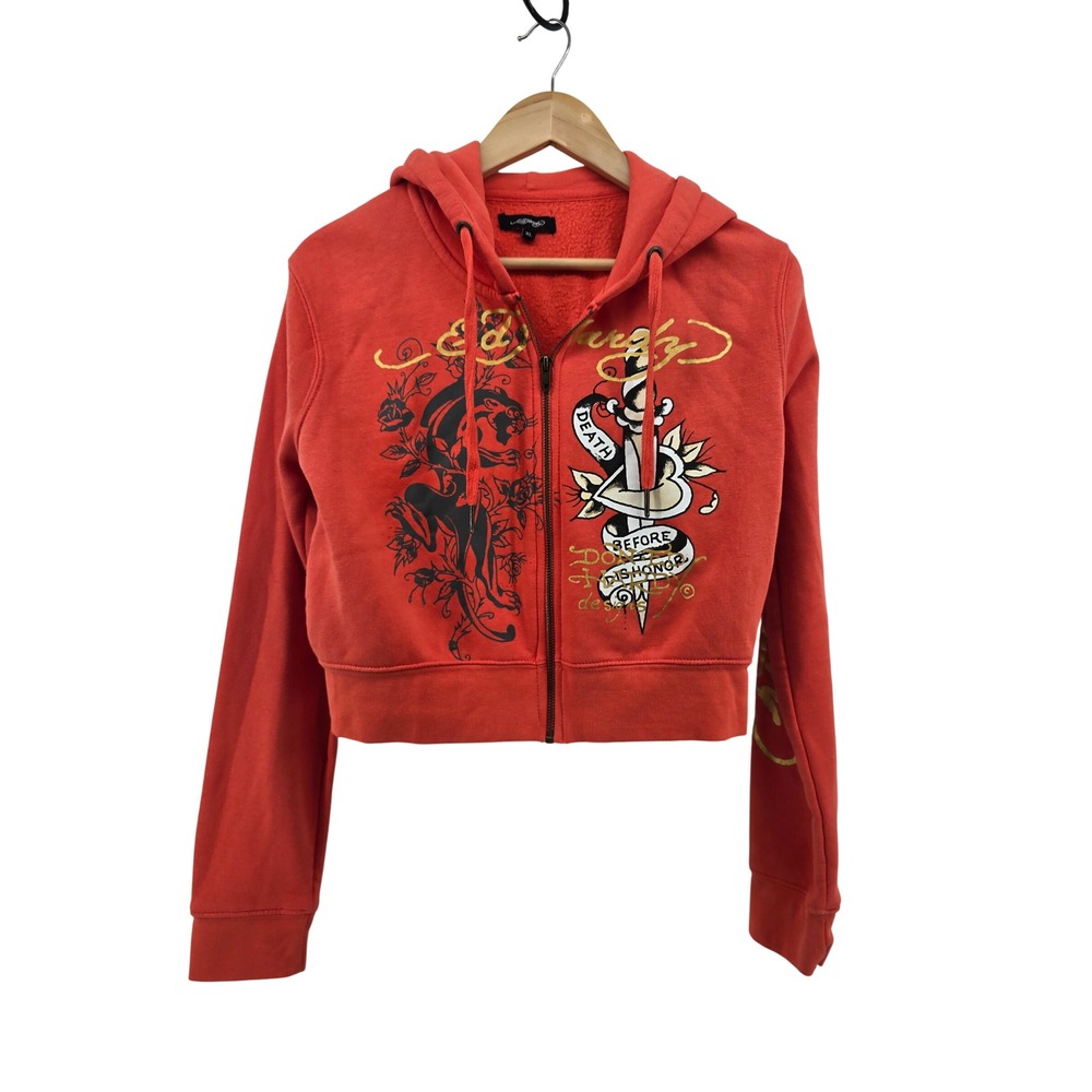 Ed Hardy Hoodie Womens XL Red Cropped Zip Up Tattoo Graphic Panther Dagger Y2K